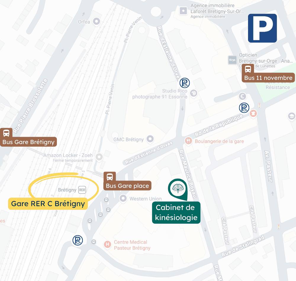 Carte implantation du cabinet Nadège Cosme Kinésiologue essonne